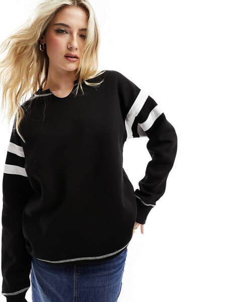 ASOS DESIGN notch neck sweatshirt with contrast stitching in black