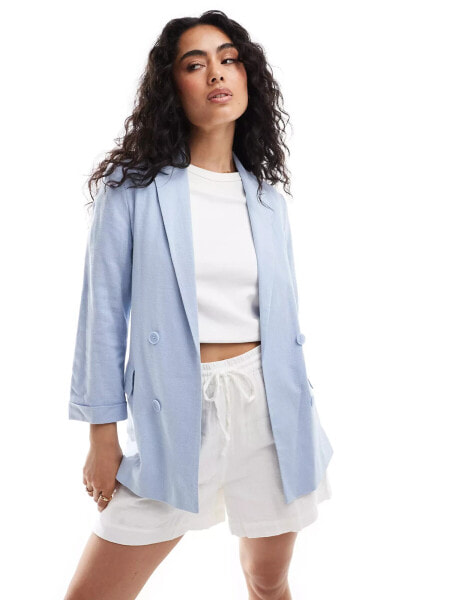 Stradivarius – Oversize-Blazer in blauer Leinenoptik