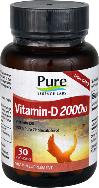 Pure Essence Labs Vitamin-D ---Витамин D3 чистый холекальциферол 2000 МЕ  - 30 растительных капсул