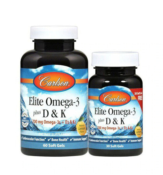 Carlson Elite Omega-3 plus D & K Natural Lemon Комплекс с Омега 3 и витаминами  D и K  90 гелевых капсул