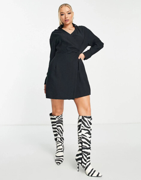 Trendyol wrap front mini shirt dress in black