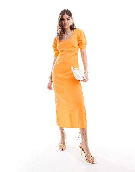 ASOS DESIGN scoop neck pleated waist midi dress in orange