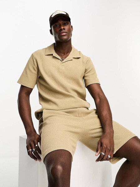 ONLY & SONS co-ord oversized revere ribbed polo in beige