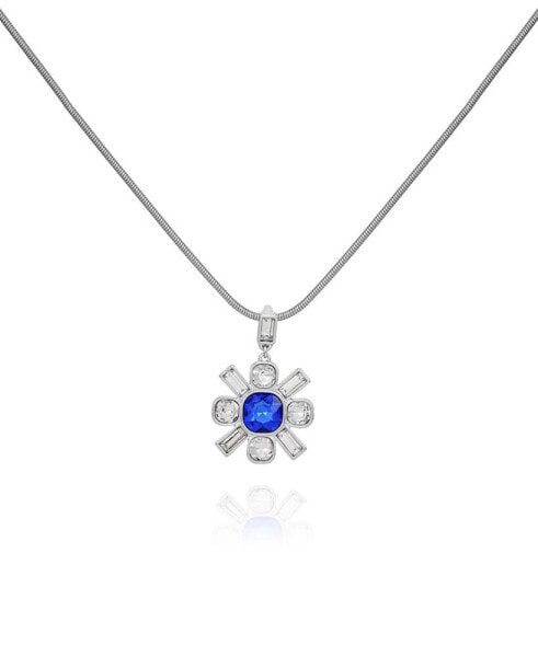 Silver-Tone Blue Sapphire Glass Stone Flower Pendant Chain Necklace, 32" + 3" Extender