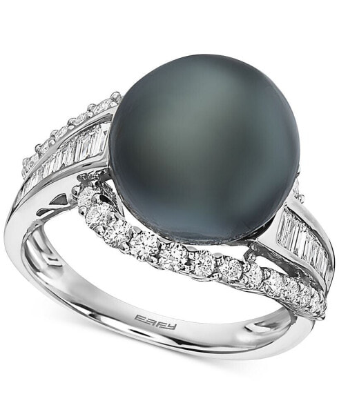 EFFY® Black Cultured Tahitian Pearl (12mm) & Diamond (3/4 ct. t.w.) Ring in 14k White Gold