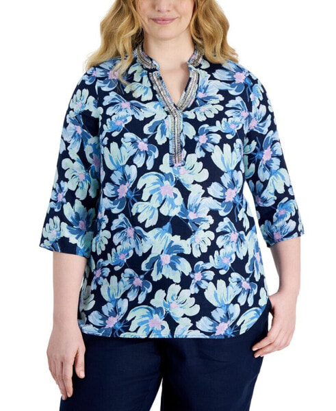 Plus Size 100% Linen Embellished Split-Neck Tunic Top, Created for Macy's