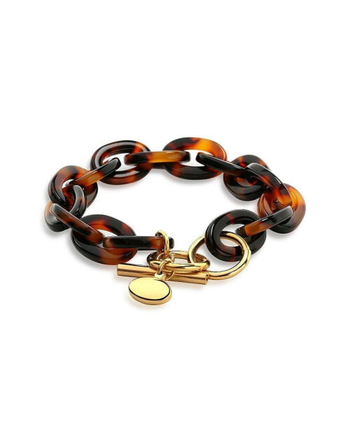 Fashion Statement Brown Golden Acrylic Leopard Tortoise Shell Oval Chain Link Bracelet Yellow Gold Plated Stainless Steel Adjustable Toggle Closure