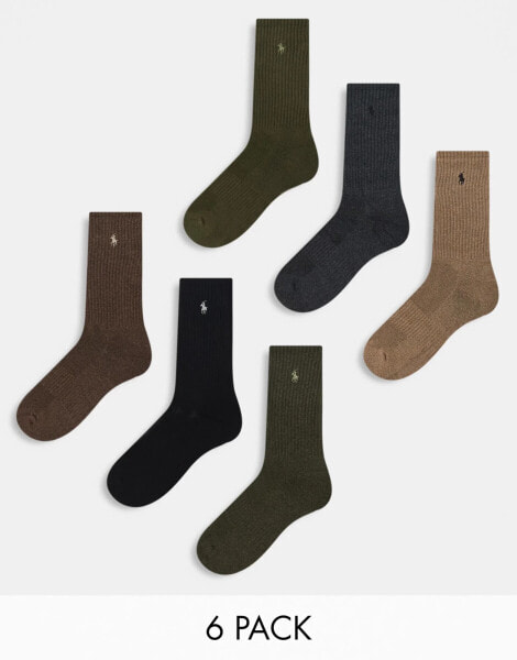 Polo Ralph Lauren 6 pack cotton crew socks with pony logo in brown khaki beige grey