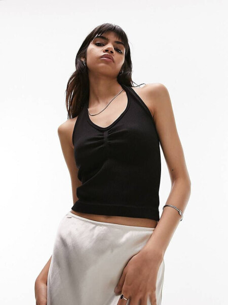 Topshop seamless ruched front halter in black