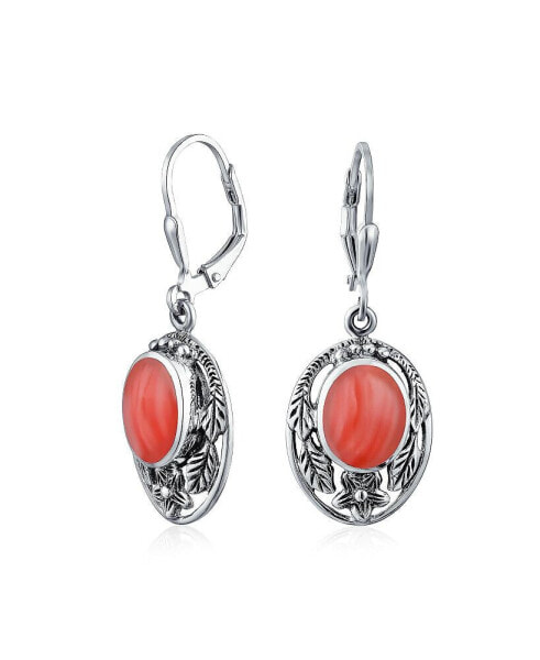 Western Jewelry Pink Oval Flower Leaf Carved Coral Dangle Lever back Earrings For Women Oxidized .925 Sterling Silver