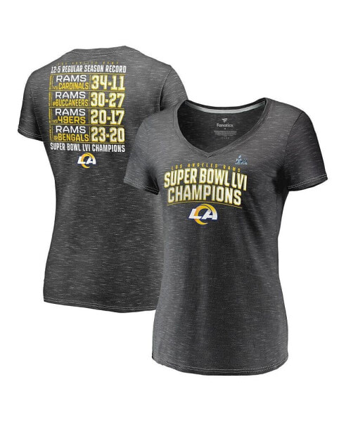Women's Heather Charcoal Los Angeles Rams Super Bowl LVI Champions Schedule V-Neck T-shirt