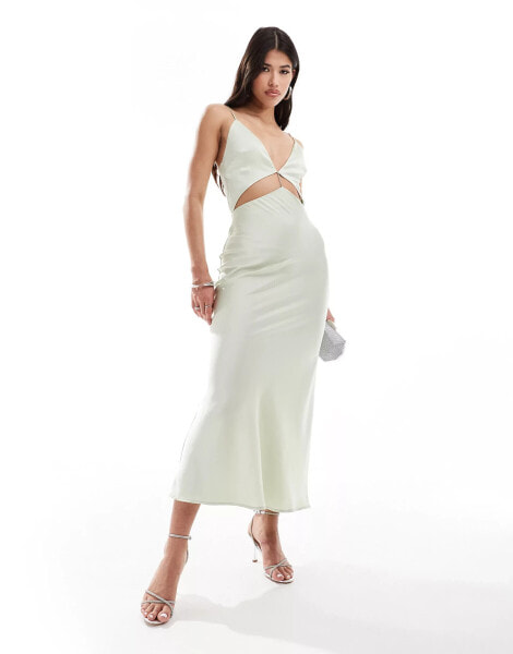 Aria Cove satin plunge neck cut out maxi dress in sage