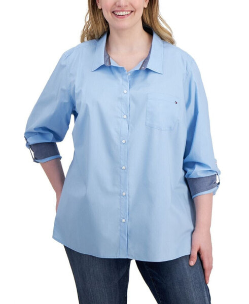 Plus Size Cotton Roll-Tab Shirt