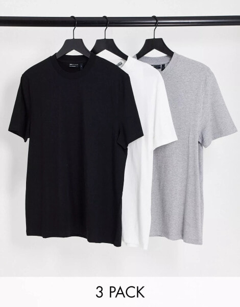 ASOS DESIGN 3 pack t-shirt with crew neck in black, white and grey marl