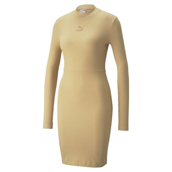Puma Classics Ribbed Long Sleeve Mini Dress Womens Brown Casual 534304-88
