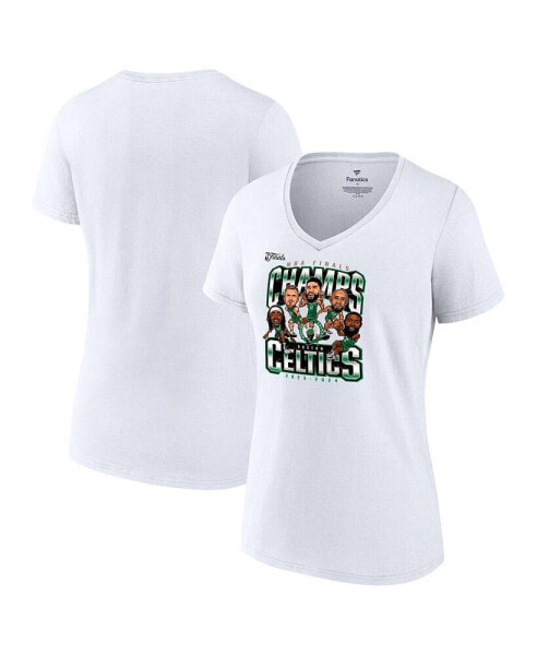 Women's White Boston Celtics 2024 NBA Finals Champions Pull Up Jumper Caricature V-Neck T-Shirt