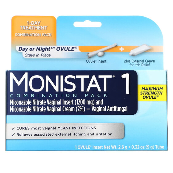 Вагинальные капсулы Monistat максимальной силы для лечения за 1 день, дневная или ночная формула, 1 капсула + тюбик 9 г + 0,32 унции (2,6 г)