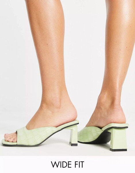 RAID Wide Fit Mabelle square toe mid heel mules in green croc