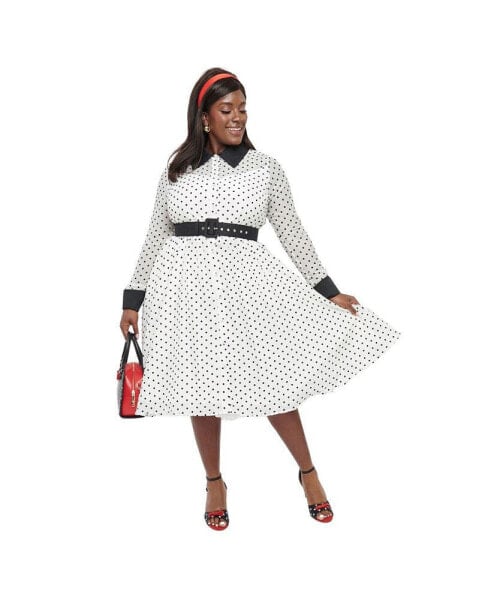 Plus Size Long Sleeve Collared Front Button Down Tulle Swing Dress