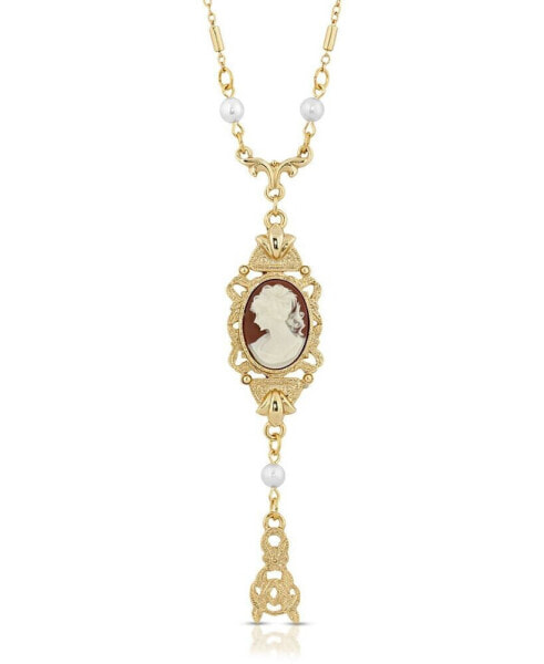 Carnelian Oval Cameo with Faux Imitation Pearls Necklace