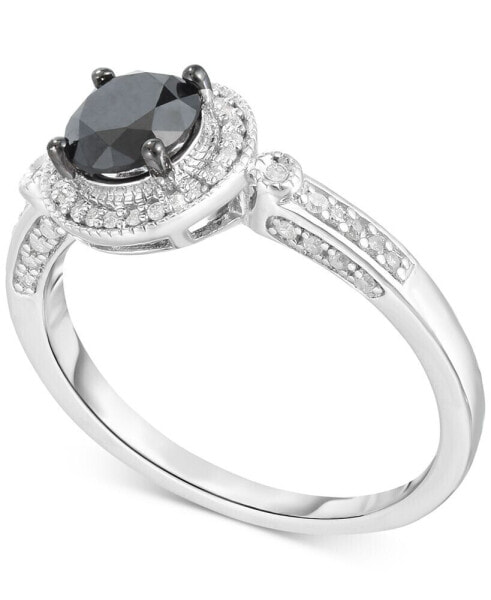 Black Diamond (7/8 ct. t.w.) & White Diamond (1/6 ct. t.w.) Halo 18" Ring in Sterling Silver