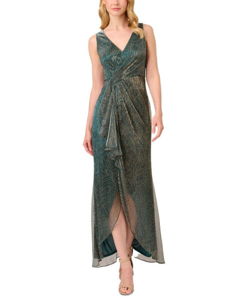 Women's Metallic Ruffled Sleeveless Faux-Wrap Gown
