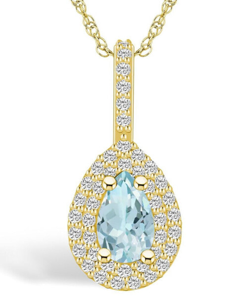 Aquamarine (3/4 Ct. T.W.) and Diamond (3/8 Ct. T.W.) Halo Pendant Necklace in 14K Yellow Gold