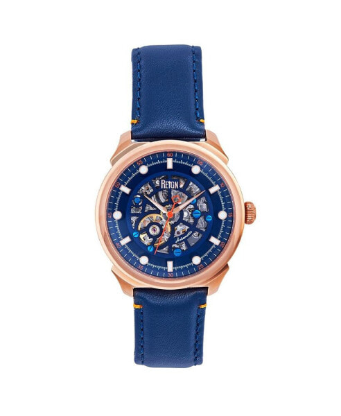 Men Weston Automatic Skeletonized Leather Strap Watch - Rose Gold/Blue