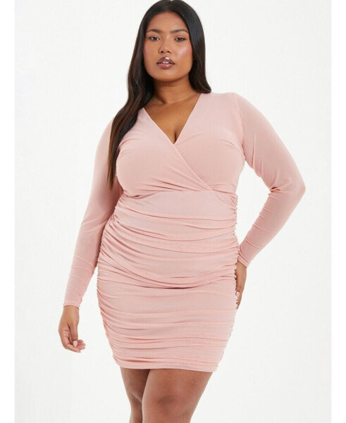 Women's Plus Size Mesh Wrap Ruched Dress