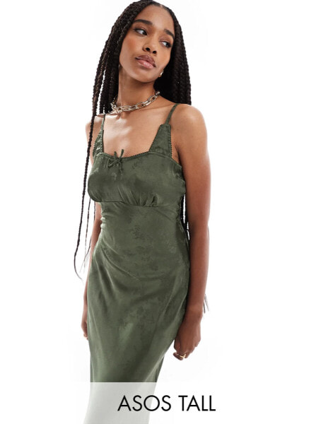 ASOS DESIGN Tall jacquard bra detail ruched bust cami midi slip dress in forest green