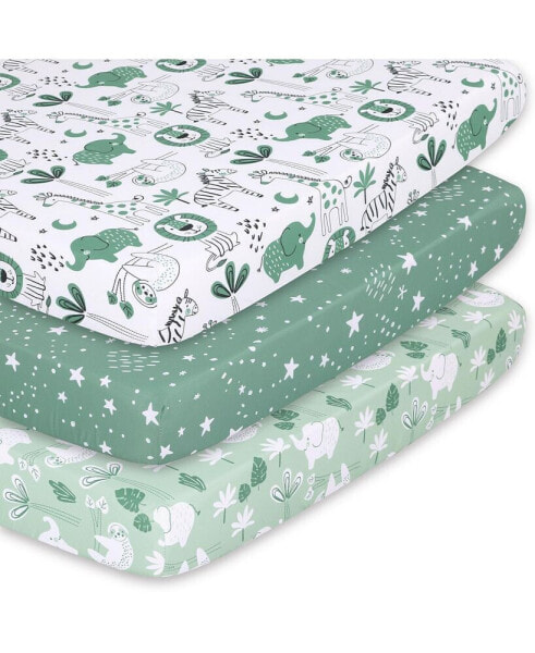 Pack n Play, Mini Crib, Portable Crib or Fitted Playard Sheets for Baby Boy or Girl, 3 Pack Set, Green Safari