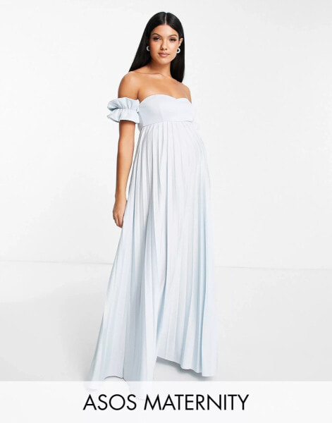 ASOS DESIGN Maternity bardot pleated maxi dress in blue