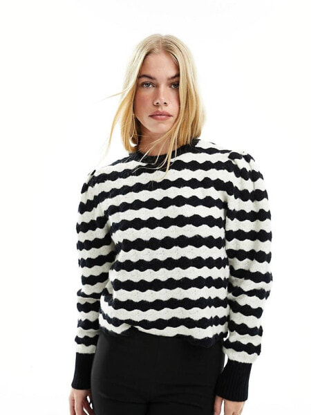 & Other Stories sweater with volume sleeves in mono scalloped stripe