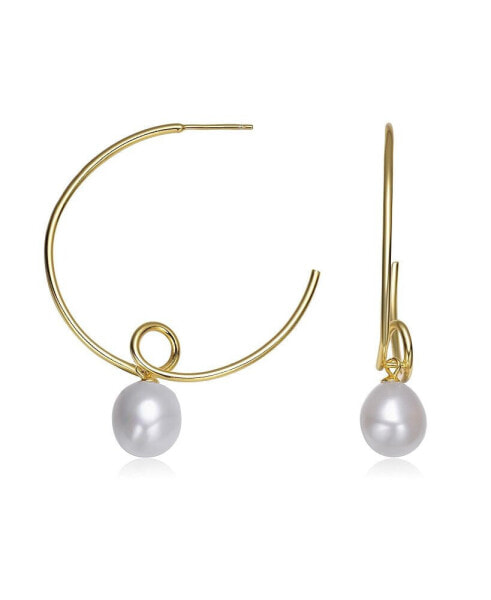 Sterling Silver Gold Plated with Genuine Freshwater Round Pearl Hoop Earrings