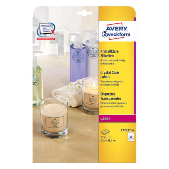 Avery Zweckform Avery L7782-25 - Transparent - Rounded rectangle - Permanent - 63.5 x 38.1 mm - A4 - Polyester