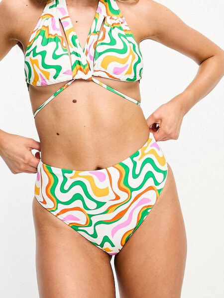 Vero Moda high waisted bikini bottoms in bright swirl print