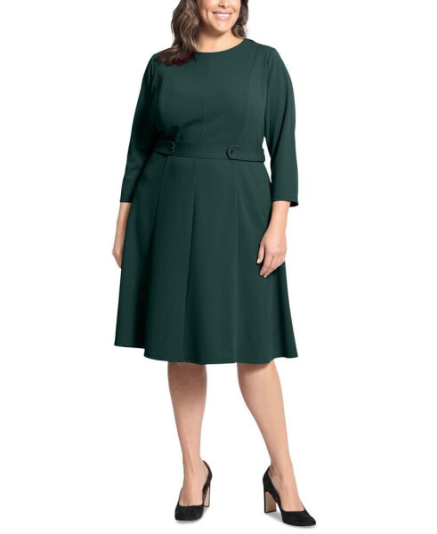 Plus Size 3/4-Sleeve Tab-Waist Fit & Flare Dress