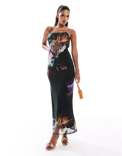 ASOS DESIGN mesh square neck strappy back maxi dress in underwater floral print