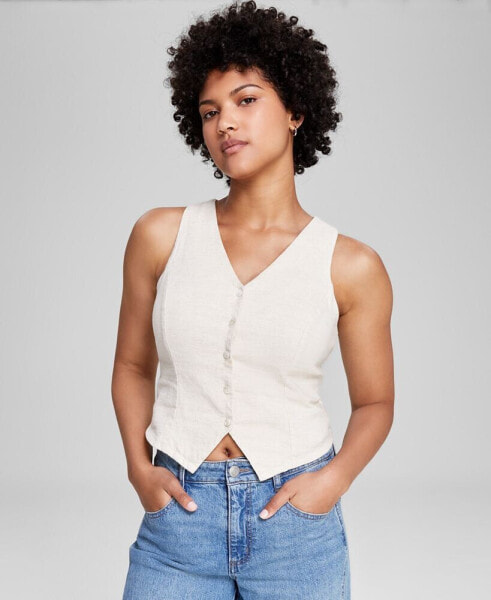 Women's Button-Down Linen-Blend V-Neck Vest