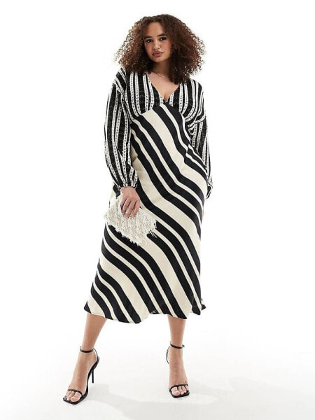 Never Fully Dressed Plus crochet balloon sleeve maxi dress in monochrome stripe