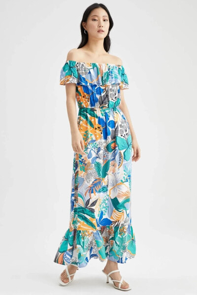 Платье женское длинное с открытыми плечами, с принтом цветов и оборками DeFacto Maxi Viskon