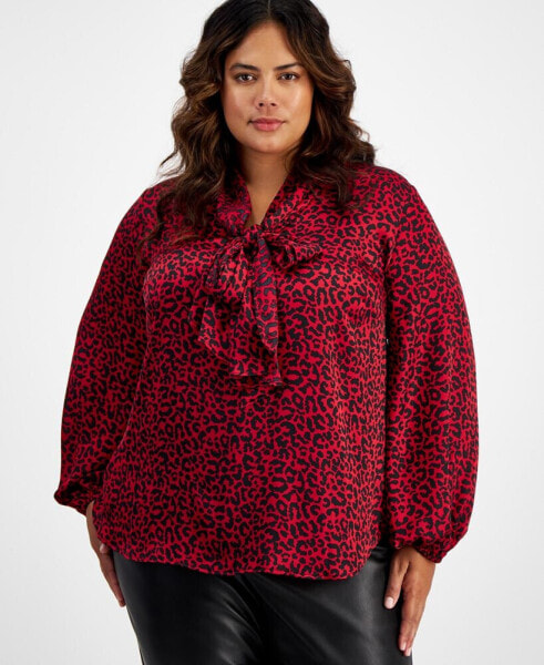 Plus Size Animal-Print Tie-Neck Blouse, Created for Macy's
