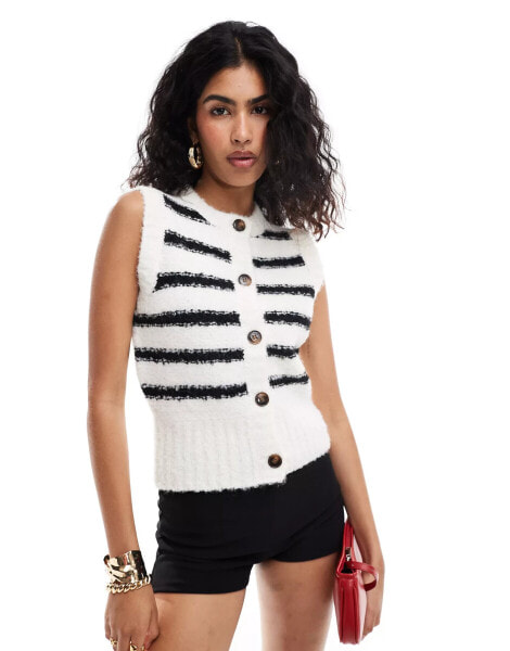 4th & Reckless fluffy knit button through sleeveless top in black and white stripe