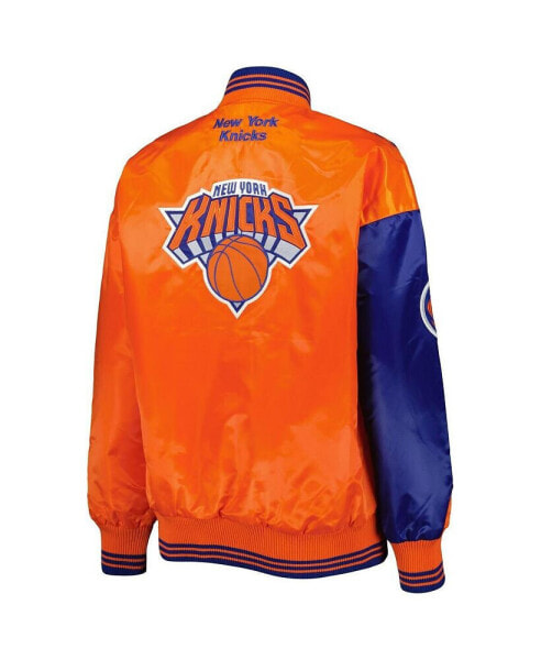 Women's Blue, Orange New York Knicks Split Colorblock Satin Full-Snap Varsity Jacket