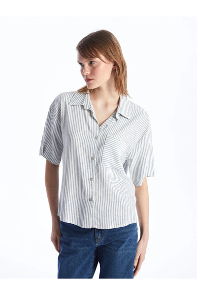 Рубашка женская LC WAIKIKI с короткими рукавами из смеси льна с полосками