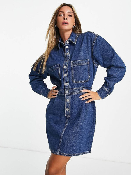 Dr Denim button through mini dress in dark wash blue