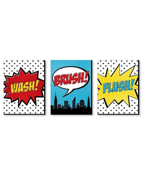 Bam Superhero - Wall Art - 7.5 x 10 inches - Set of 3 Signs - Wash, Brush, Flush