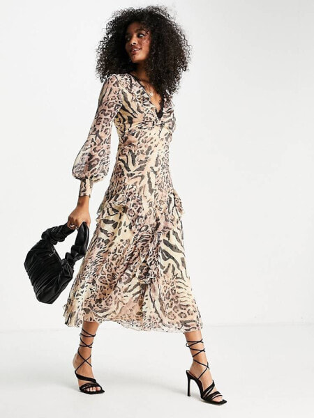 ASOS DESIGN dobby button through long sleeve lace trim midi tea dress in animal print