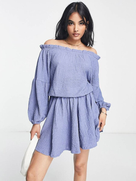 ASOS DESIGN textured long sleeve bardot mini dress in blue