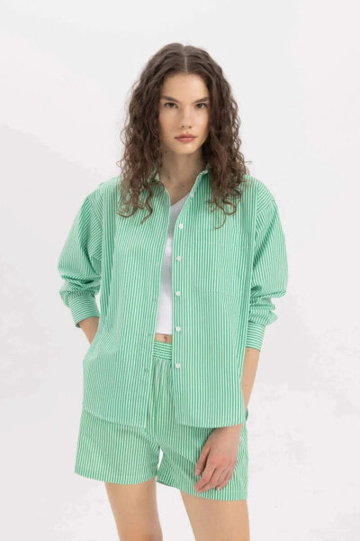 Oversize Fit Poplin Çizgili Uzun Kollu Gömlek C8751ax24sm